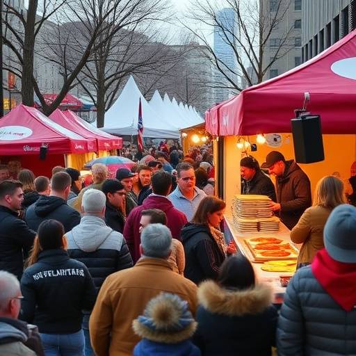 A crowd of people enjoying a modern Maslenitsa festival in Chicago, with food stalls and live music.