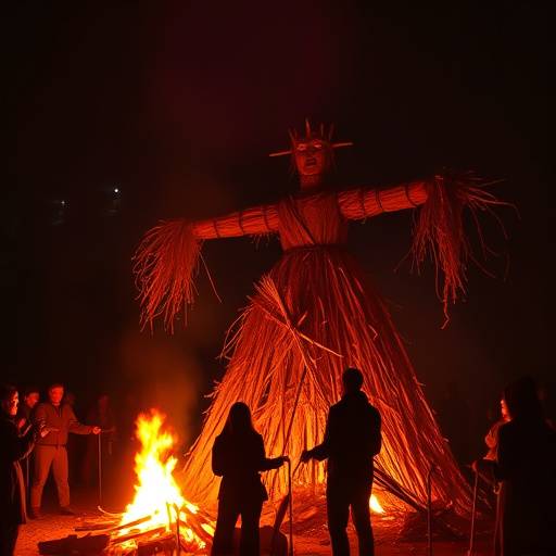 A group of people gathered around a bonfire during Maslenitsa, with a large straw effigy being burned in the center.