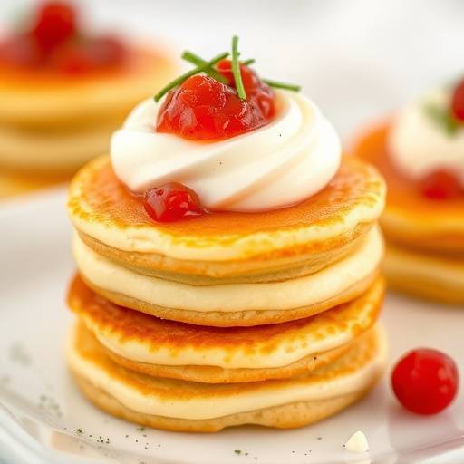 A stack of golden blini (pancakes) topped with various toppings such as sour cream, caviar, and jam.