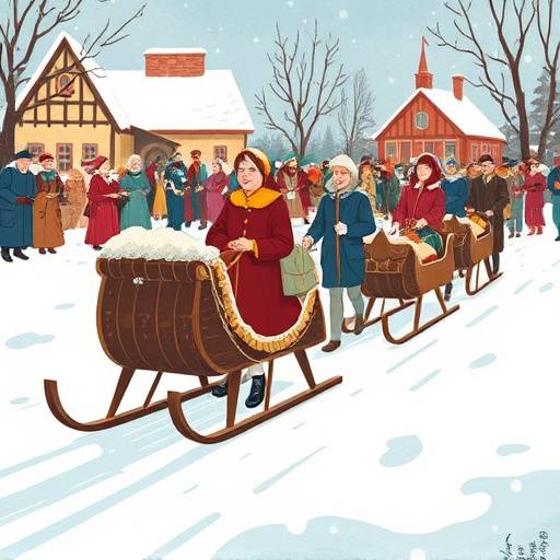 Historical illustration of people celebrating Maslenitsa with sleigh rides and traditional costumes.