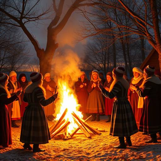 Illustration depicting ancient Slavic people celebrating a winter festival with bonfires and folk dances.