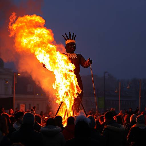 People gathered around a burning Maslenitsa effigy, representing the end of winter.