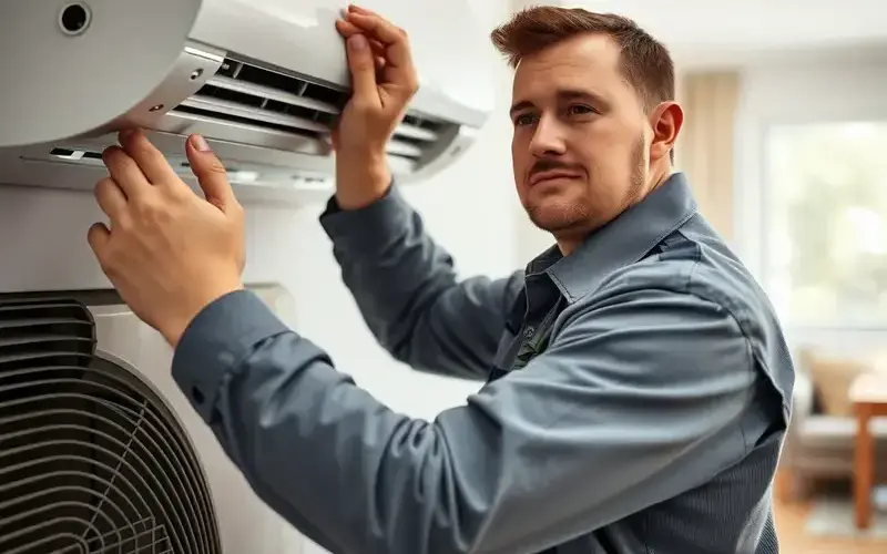AC repair technician at work