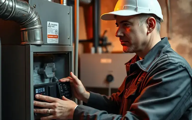 Heating system repair technician at work